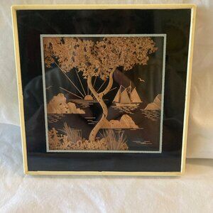 MCM Asian‎ Diorama Cork Art Tree Boat Sunset 3D Framed 5 x 5"